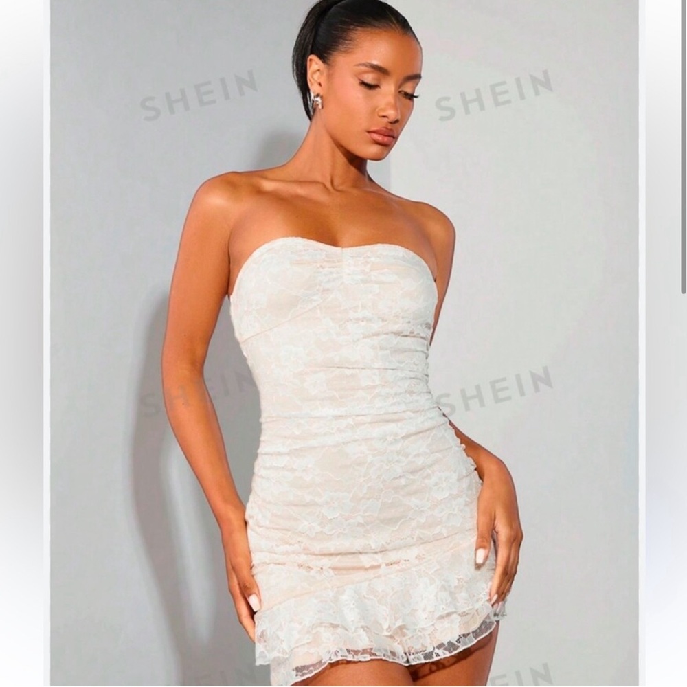 SHEIN Cream Ruched Strapless Bodycon Dress